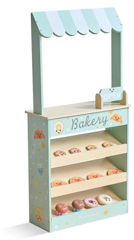 Teamson Kids Jolly Pals Wooden Bakery Market Stand Pretend Playset for Kids Ages 3+, Pastry Play Food Rotating Open/Close Sign, Hidden Storage Educational Role-Play, Pretend Play Wooden Market Stall