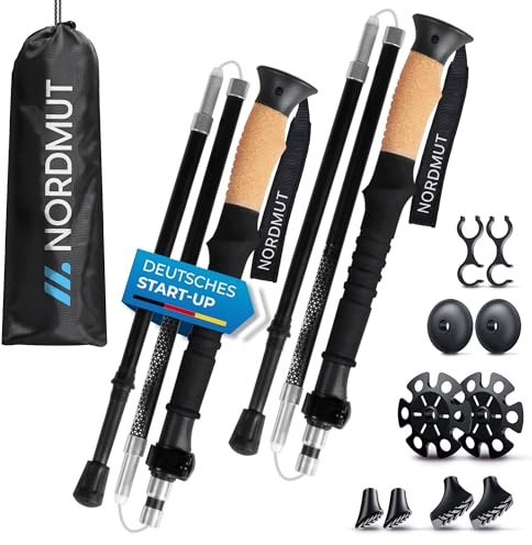 NORDMUT® Wanderstöcke faltbar ab 1,50m aus stabilen Aluminium - Leichte Faltbare Wanderstöcke mit ergonomischen Griffen - Robuste Trekkingstöcke mit kompakten Packmaß inkl. Gummipuffer Set
