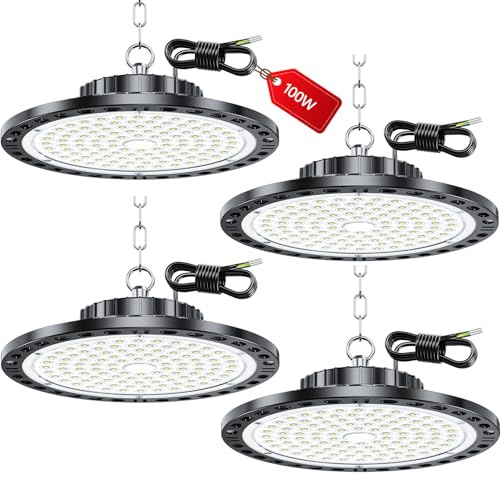 LAMLAMCK Projecteur LED Industriel - 4 Pack 100W 10000LM High Bay Eclairage Atelier avec Transformateur, IP65 Étanche Plafonnier LED, 6500k Blanc Froid Lampe Atelier pour Garage Usine Boutique