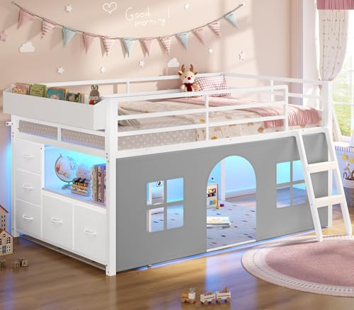 ADORNEVE Low Loft Bed Twin Size with Tent, 5 Storage Drawers, LED Lights, Metal Kids Loft Bed with Bookcase & Under-Bed Play Space,Twin Loft Beds with 13.8''H Safety Guardrail,Inclined Ladder, White