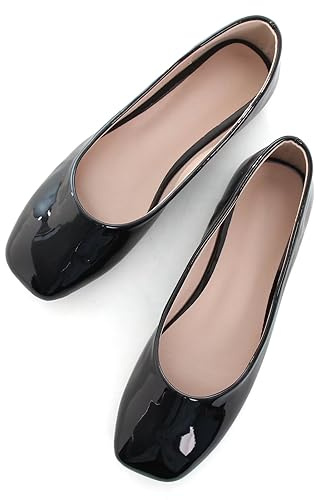 ChaiRong Zhou Patent Leather Flats for Women Square Toe Ballerina Flats Comfort Slip-on Dressy Shoes,Black Patent US 8