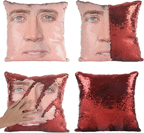 Rackynass Nicolas Cages Pillow Covers Sequin Pillow Cases Funny Gag Gifts White Elephant Gifts for Christmas Reversible Sequin Pillow Cover Decorative Throw Cushion Case 16 x 16 Inches