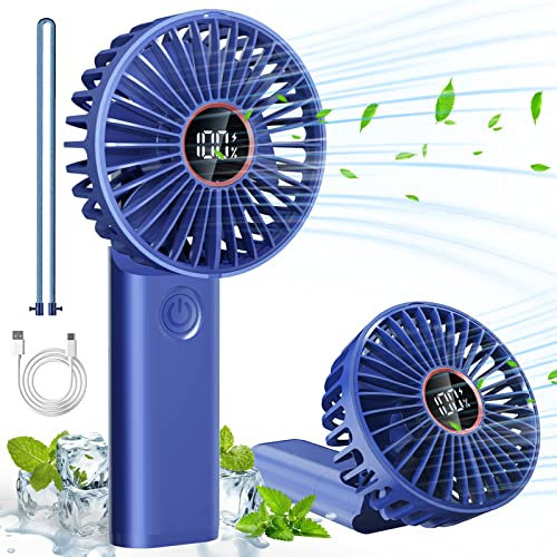 Tragbare Handventilator, USB Wiederaufladbarer Mini Ventilator 5000 mAh 6-Stufig mit Powerbank Handventilator Desktop-Lüfter Hängender Nackenfächer 4 IN 1 für Büro Draußen Zuhause Reisen (Blau)