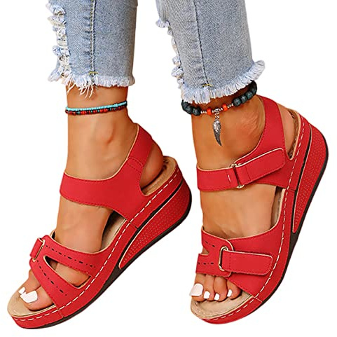 COTCLO Sandalias de verano para mujer, sandalias de tacón de cuña con parte inferior suave, zapatos de verano para mujer, sandalias de plataforma elegantes, zapatos de cuña para mujer, color rojo, 37