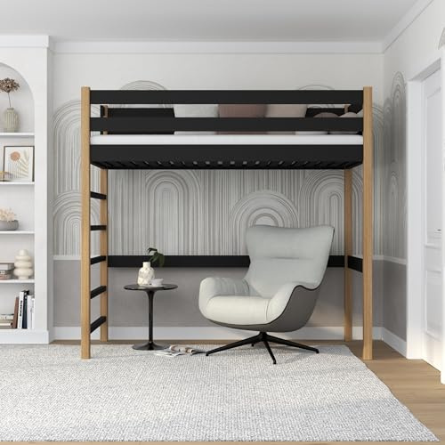 N01 Loftsäng, 100 x 200 cm, svarta tecken av massivt trä, stege, tillverkad