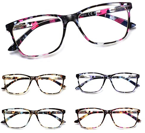 Kerecsen 5 Pack Ladies Reading Glasses Blue Light Blocking Spring Hinge Fashion Pattern Print Eyeglasses for Women (5 Pack Mix Color, 2.50, Diopter)