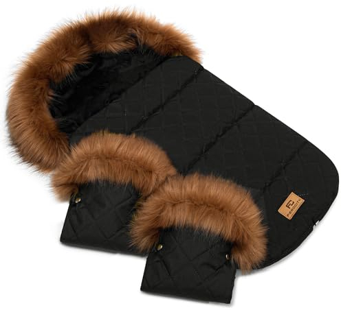 Baby Fußsack Minky WinterFußsack und Handmuff SET für Kinderwagen Maße 85 cm für Buggy Mit Rote Fell Kaputze Farbe Gesteppt Schwarz [071][073]