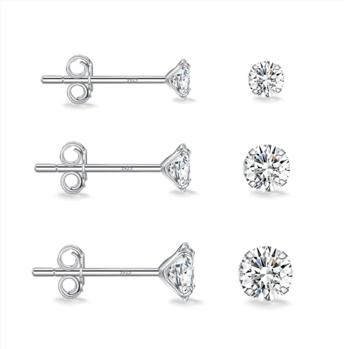 3 Pairs 925 Sterling Silver Earrings for Women, Hypoallergenic Cubic Zirconia Stud Earring Set, Comfortable Cartilage Sleeper Earrings for Women