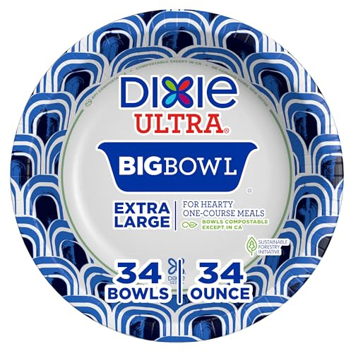 Dixie Ultra Extra Large Paper Bowls, 34 oz, 34 Count, Compostable, Microwave Safe, Disposable Bowls for Heavy Meals, Soups, Stews, and Everyday Use