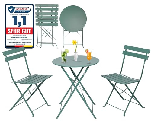 ALBATROS Set da bistrot 3 pezzi verde – tavolo da bistrot con 2 sedie – sedie pieghevoli e tavolo in metallo robusto – ideale come set di mobili da balcone o mobili da giardino dal design moderno