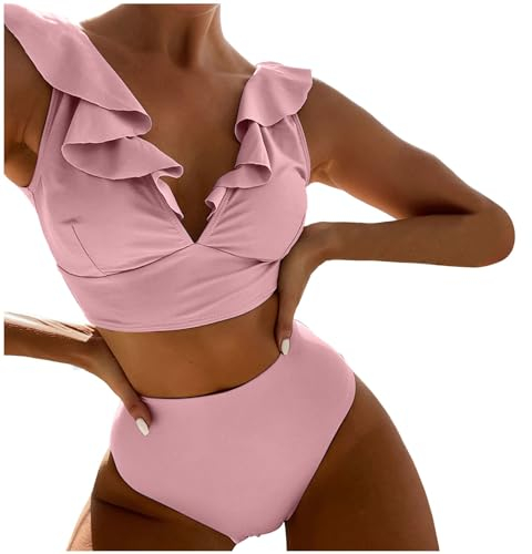 Neuer mehrfarbiger, gerüschter, geteilter Badeanzug mit V-Ausschnitt hoher Taille, geteilter Bikini für Damen Fliegeruhr (Pink, XL)