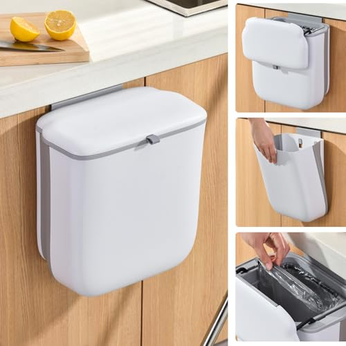 Yiomxhi Pattumiera Appendere con Coperchio, 9 L Pattumiera da Cucina Pieghevole per Sottolavello, Cestino Spazzatura Parete per Bagno, Ufficio, Campeggio, Bianco