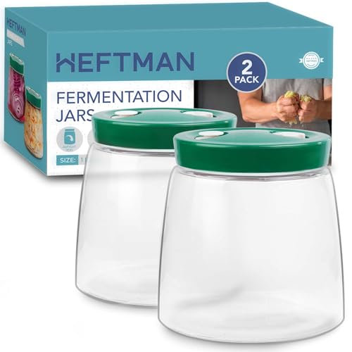 HEFTMAN Lot de 2 bocaux de fermentation avec aération 1 voie d'aération – 1 litre – Idéal pour une fermentation sûre pour le kéfir, le kimchi, la choucroute, le levain, l'avoine de nuit – 2 bocaux de