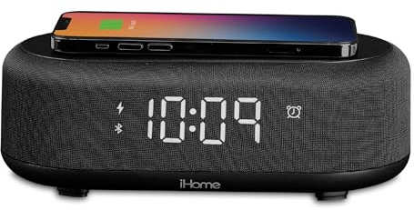 iHome Bluetooth Alarm Clock with Wireless Charger and USB Charging Station, Digital Alarm Clock for Bedrooms, Office, or Dorm (iBTW112)