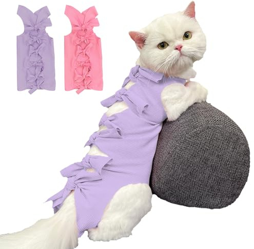 KASESSS 2 Pezzi Body Post Operatorio per Gatto, Tuta Post Intervento, Sterilizzazione e Anti-leccamento con Protezione per Ferite - Viola Rosa M