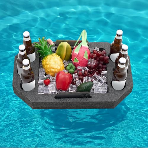 Qinyoung Large Floating Drink Holder Black Floating Refreshment Table Tray Compartment Portable Floating Pool Tray for Swimming Pool Accessories Hot Tub Beach and Party Decor (Octagon Six Holes)