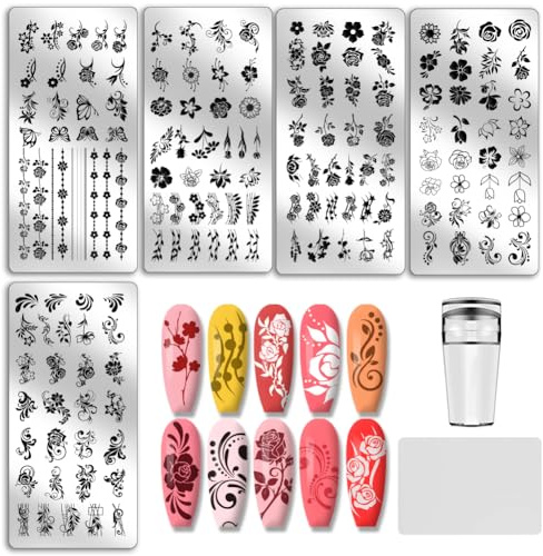PH PandaHall 5pcs Flower Nail Stamping Plates Rose Nails Art Stencils Swirl Pattern Nail Art Templates Butterflies Naisl Design Stamp with Stamper and Scrape for Women Spring Summer Manicure Salon