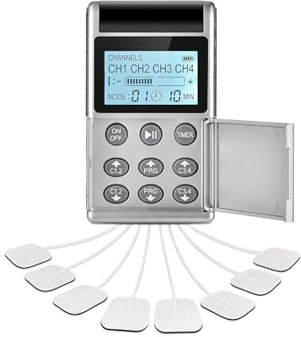 Masseur électrique, Masseur Numérique Numérique à Double Sortie, Stimulateur Musculaire Abdominaux, Appareil d'Électrostimulation TENS, 4 Canaux, LCD Numérique, 8 Électrodes Auto-Adhésives ﻿ ﻿