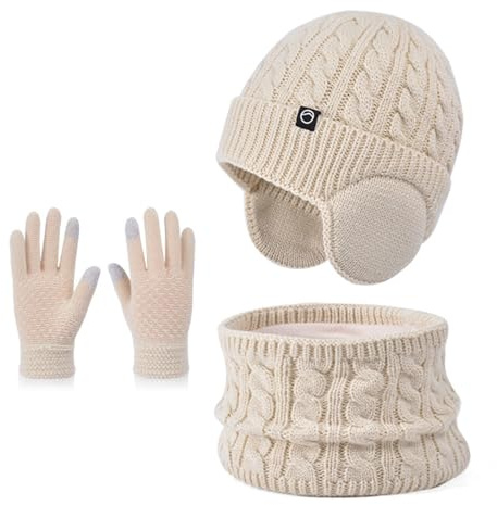 Niños Conjunto Gorro de Punto Bufanda Guantes Set 3 en 1, Invierno Cálidos Beanie con Orejeras Caliente Bufanda Pantalla Táctil Guantes para Niños Niñas 4-10 Años (Beige)