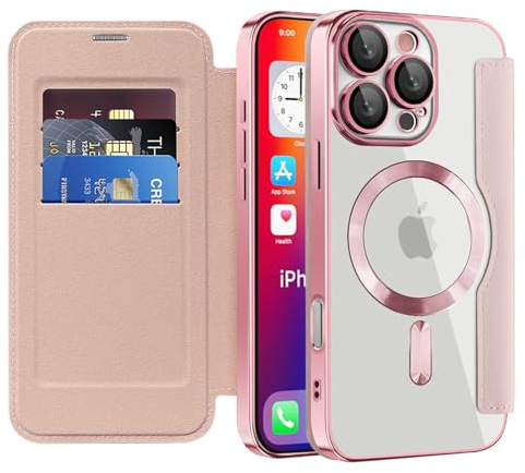 IMEIKONST Flip Wallet Case for iPhone 16 Pro Max with Card Slots [RFID Blocking], Compatible with MagSafe, Plated TPU Magnetic Transparent Back Shockproof Cover for iPhone 16 Pro Max. Pink JDCX