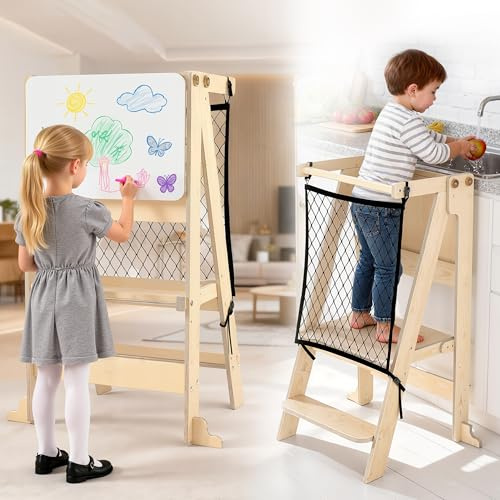 Toddler Standing Tower with Drawing board - Stable Folding Step Stool for Kids Height Adjustable Kitchen Stool Helper for Learning and Cooking Ages 18 Months to 6 Years with Safety net