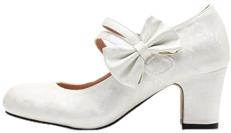 Dirndl Shoes Women's Costume Shoes with Heel Bridal Shoes Chunky Dance Shoes Traditional Pumps Block Heel Ballerinas Elegant Shoes for Dirndl Heel Shoes Clip Pumps, White, 10 UK