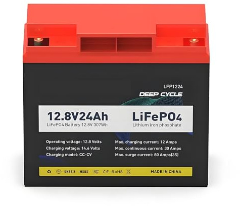 Batterie rechargeable 12V 24Ah LiFePO4 pour stockage solaire — 12.8V 24Ah cycle profond avec chargeur 14.6V 4A LFP1224