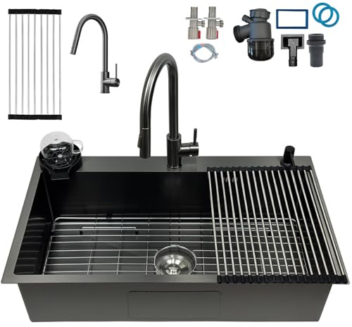 Fregadero de cocina KOOGIMDDR de 80 x 50 cm de acero inoxidable con 1 seno en gris negro con parrilla nano de acero inoxidable, fregadero de cocina con soporte de escurridor de platos de 3 agujeros