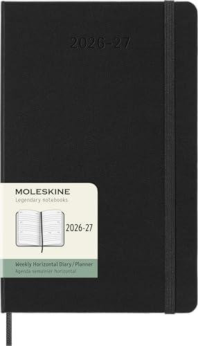Moleskine Veckokalender 2026–2027 – 18-månaders horisontell planerare med hårt omslag och gummibandslås, färg svart, storformat 13 x 21 cm