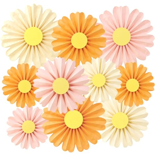 SUNBEAUTY 10 abanicos de papel de margaritas, decoración naranja y amarillo, guirnalda de papel para colgar en México, decoración para fiestas de jardín, bodas, cumpleaños, aulas, habitaciones