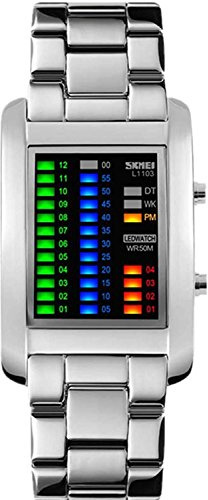 MASTOP Men's Creative Binary Matrix Blue LED Digital Waterproof Watch Stainless Steel Military Silver Watches (Silver)