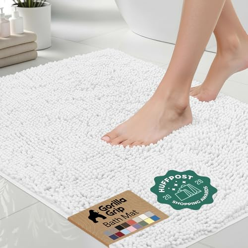 GORILLA GRIP Bath Rug Mat, Thick Soft Absorbent Chenille, Quick Dry Microfiber Mats, Rubber Backing Washable Shower Floor Rugs, US Designed Bathroom Bathmat Home Decor Accessories, 24x17, White
