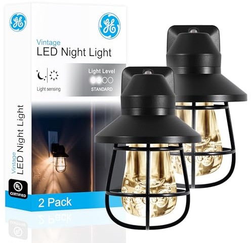 GE Vintage LED Night Light, Plug-in, Dusk to Dawn Sensor, Farmhouse Decor, Mood Lighting, Home Decor, Ambient Lighting, LED Lights for Bedroom, Bathroom, Kitchen, Hallway, 44737, Black, 2 Pack