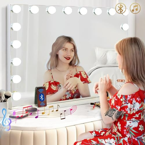 Hansong Vanity Mirror with Lights and Bluetooth Speaker 32x 22.8 Hollywood Makeup Mirror with 18 LED Bulbs, Large Lighted Mirror with 3 Color Modes, USB Charging, 10x Magnification, Tempered Glass