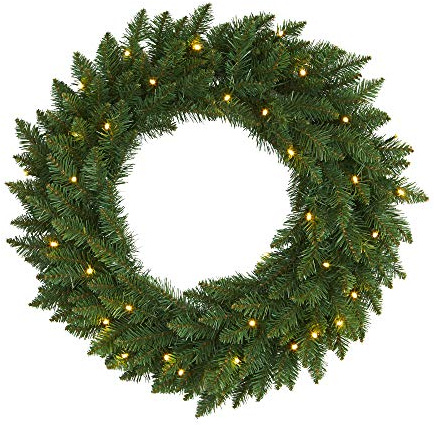 Nearly Natural 24in Artificial Pine Christmas Wreath, Faux Greenery with Clear LED Lights for Indoor Decor