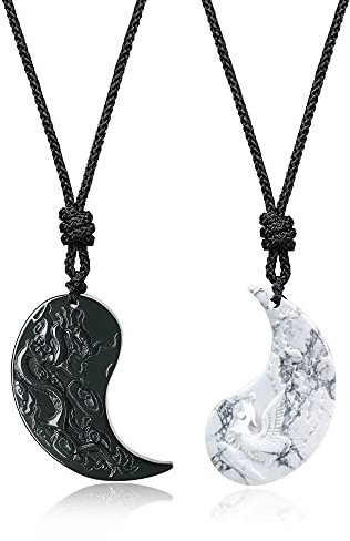 COAI Geschenkideen Ketten aus Obsidian und Howlith Drachen und Phönix Gravur Anhänger Ying und Yang Ketten