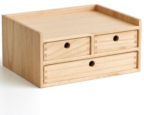 KIRIGEN Wooden Desk Organiser with 3 Drawers and Shelf, Natural | Wooden unit; 3 pull-out drawers and open shelf; for stationery, letters, small papers, craft tools and make-up