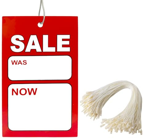 Sale Price Tags with String Attached - Supermarket Pricemarker Labels Supplies for Clothing, Shoes, Snacks with 30M Twines, 5 Lx3“W,100 Pcs (A)