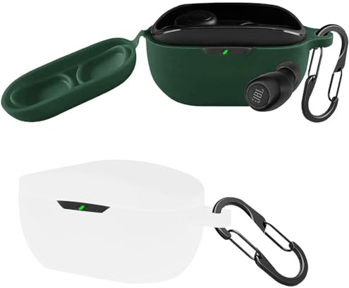 [2-pack] easyBee fodral kompatibelt med JBL Wave Buds 2/JBL Wave Buds [med 2 karbinhakar], flytande silikonfodral ultratunt stötsäkert skyddande fodral Bluetooth hörlursväska – vit och mörkgrön