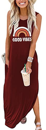 Sxkayxr Ärmlös maxiklänning för kvinnor ledig lös strand bra vibbar t-shirt klänningar med fickor, Röd, XL