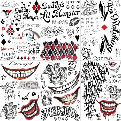 LAROI 6 Blatt Halloween Joker Temporäre Tattoos Damen Herren, Fake Joker Gesichts Tattoos Zum Aufkleben Männer Frauen Klebetattoos Erwachsene, Halloween kostüm Schminke Make UP Festival Accessoires