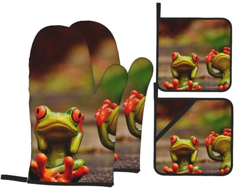 Lustige grüne Frösche bedruckte Ofenhandschuhe und Topflappen, Set 4 Stück – hitzebeständiges, wasserdichtes Gewebe – ideal für Küche, Mikrowelle, Backofen und Grill