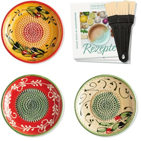evergrate Keramikreibe 3er Verschenkset - Juan, Fernando, Duna mit Küchenpinseln und Rezeptheften