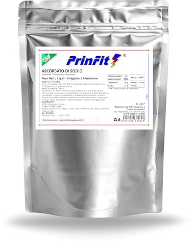 Ascorbato di sodio puro - 1kg in polvere - Vitamina C tamponata a pH neutro, senza acidi – ottenuta dalla fermentazione di mais privo di OGM – Integratore Alimentare -prodotta e testata in Italia.