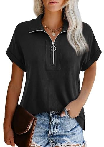 Datuhao T-Shirt Damen, Sommer Shirt Leicht Elegant Lässig Bügelfrei Kurzarm Oberteil Business Schwarze Blusenshirt V-Ausschnitt Bluse Mit Stehkragen Damenoberteile Modern Leger