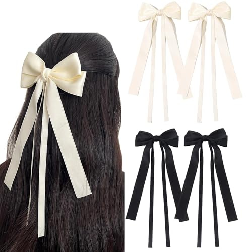 FYRuntoo Hair Bows Silky Satin Hair Bows for Girls Hair Clip Ponytail Holder Accessories Slides Metal Hair Clips Hair Ribbons for Women Girls 4Pcs Black Bow and White Bow Set
