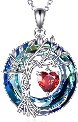 Livets trädkedja för kvinnor 925 sterlingsilver månadssten hänge kedja med kristall årsdag födelsedag jul bröllop smycken för kvinna syster, Sterlingsilver, Kubisk zirkoniumdioxid