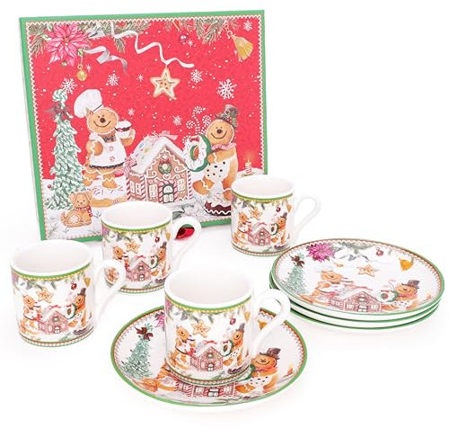 Christmas Concepts® Gamme de vaisselle en céramique de luxe Gingerbread - Ensemble de 4 tasses et soucoupes à expresso de 3 oz avec coffret cadeau décoratif assorti