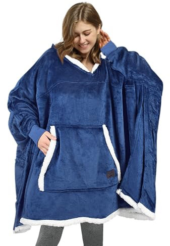Catalonia Classy Oversize Poncho Hoodie Decke Warm Geschenke für Frauen, Flauschig Kuschelpullover Blanket Hoodie Damen Mädchen, Übergröße Tragbare Decke mit Ärmeln Erwachsene Teenager, Marine