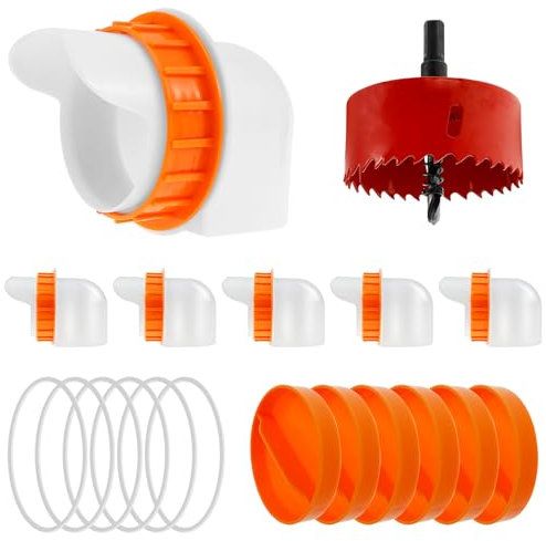 BAODBF 6 Stück Futterautomat Hühner,Geflügelfütterer,Hühner Futterspender,Hühnerfutter Automat,Hühnerfutter Behälter mit Dübel,Lochsägen,Bohrer